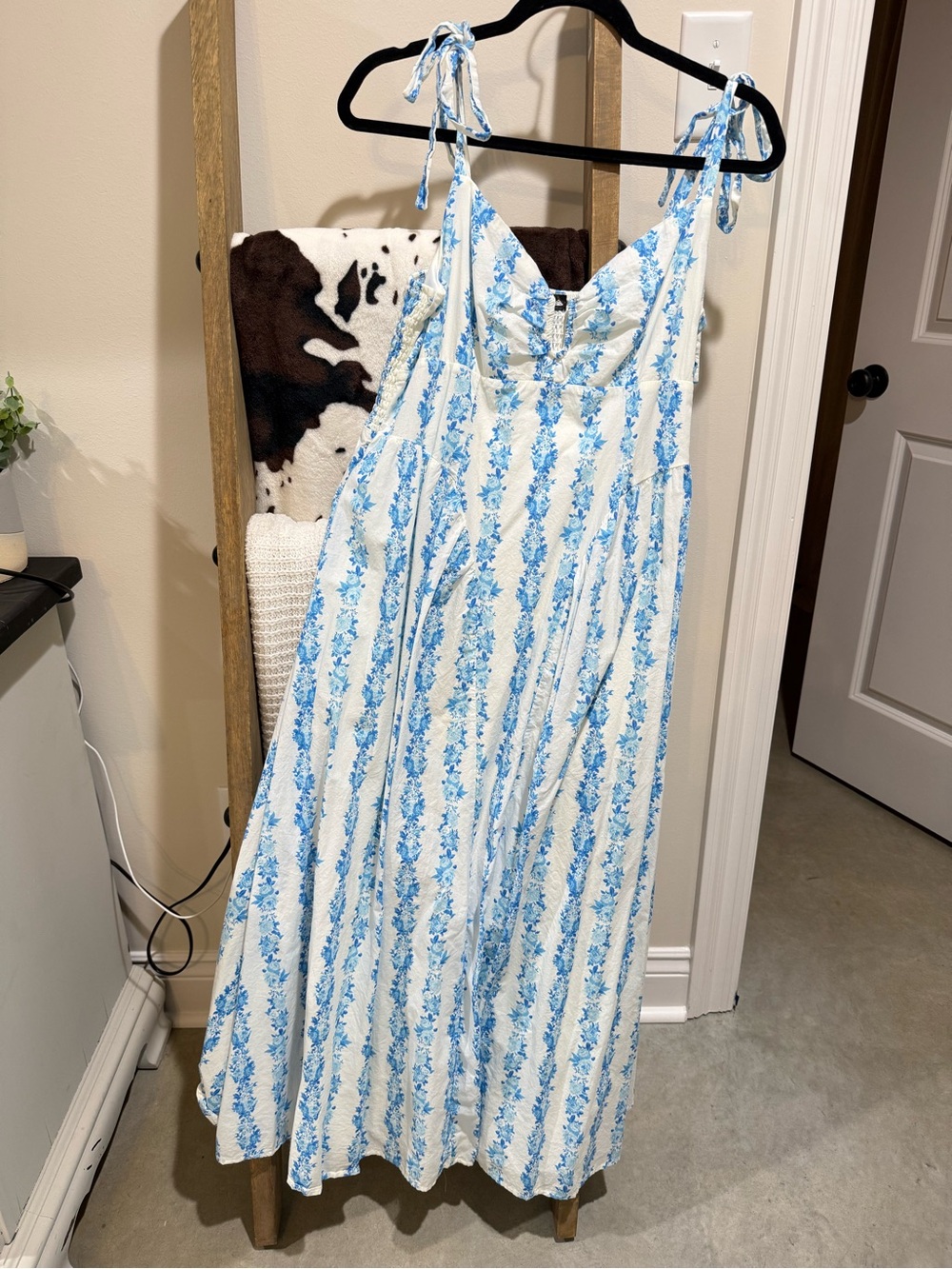 Tie-Shoulder White and Light Blue Floral Maxi Dress